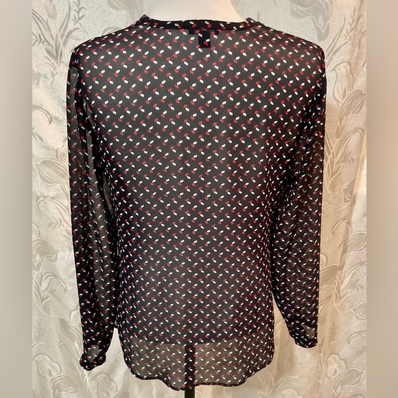 Ann Taylor Petite Black & Red Sheer Button Front Long Sleeve Blouse - Picture 3 of 5